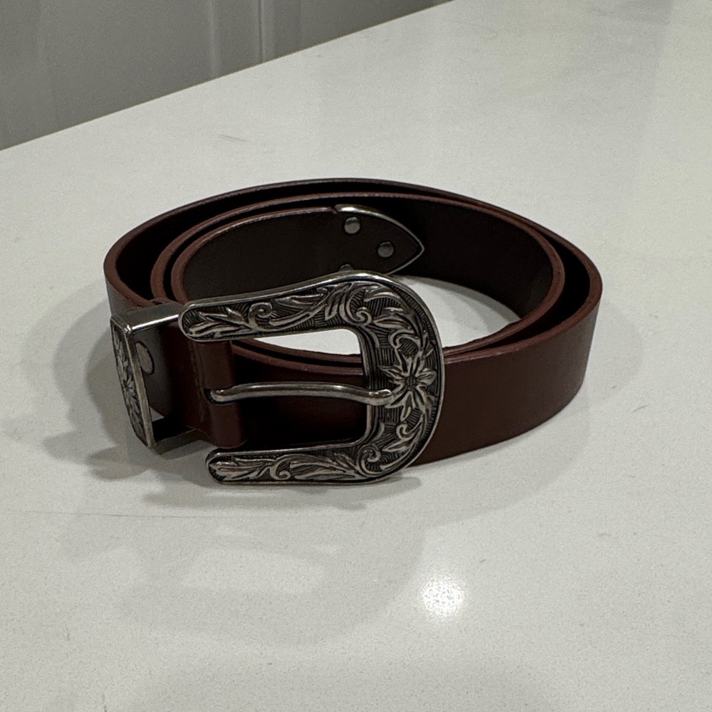 Brown Leather Belt with Silver Buckle